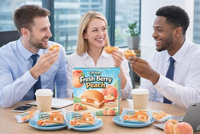 Korean Peach Cream Cake Snack, Soft Filled Sponge Cakes with Real Peach Pieces, Individually Wrapped, 11.85 oz (336g), 12 Pack, Sweet Dessert Snack I Orion