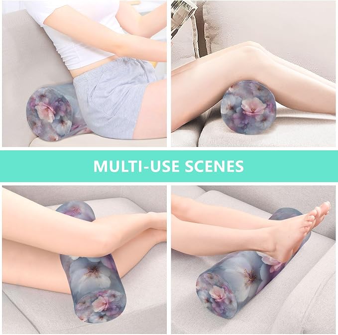 Blue Purple Cherry Blossoms Neck Roll Pillow Bolster Round Health Memory Foam Long Cervical Cylinder Pillows with Removable Washable Cover for Body Bed Legs Back Yoga