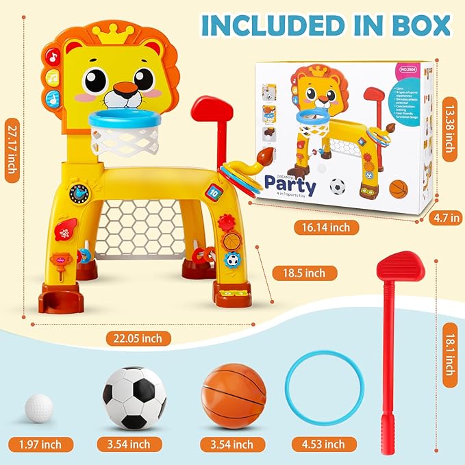 4-in-1 Toddler Basketball Hoop & Soccer Goal and Golf Toys, Interactive Lion Musical Sports Toys with Light for 1 2 3 Year Old Boys Girls, Baby Toy for 12-18 Months, Christmas Birthday Toy Gifts