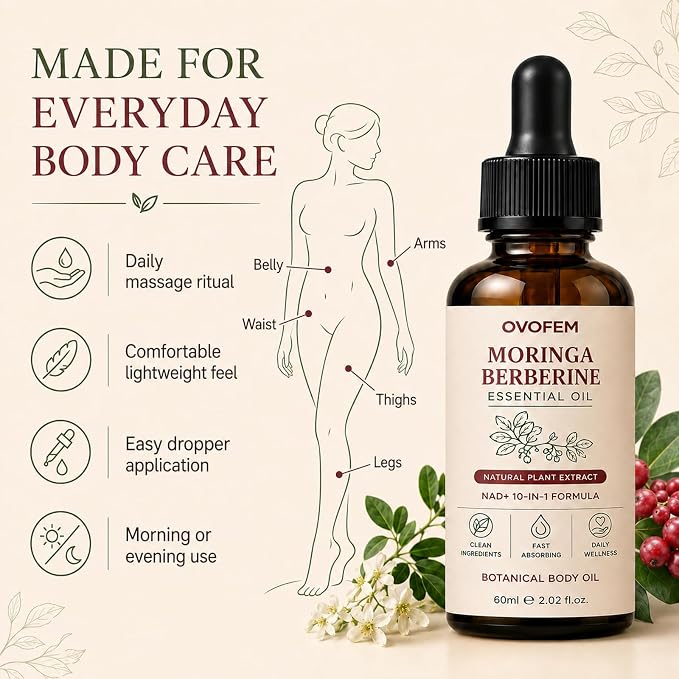 Ovofem Moringa Berberine Essential Oil, NAD+ 10-in-1 Botanical Body Massage Oil, Nourish and Smooth Skin, Fast-Absorbing Non-Greasy Formula, Daily Body Care Support, 2 fl oz