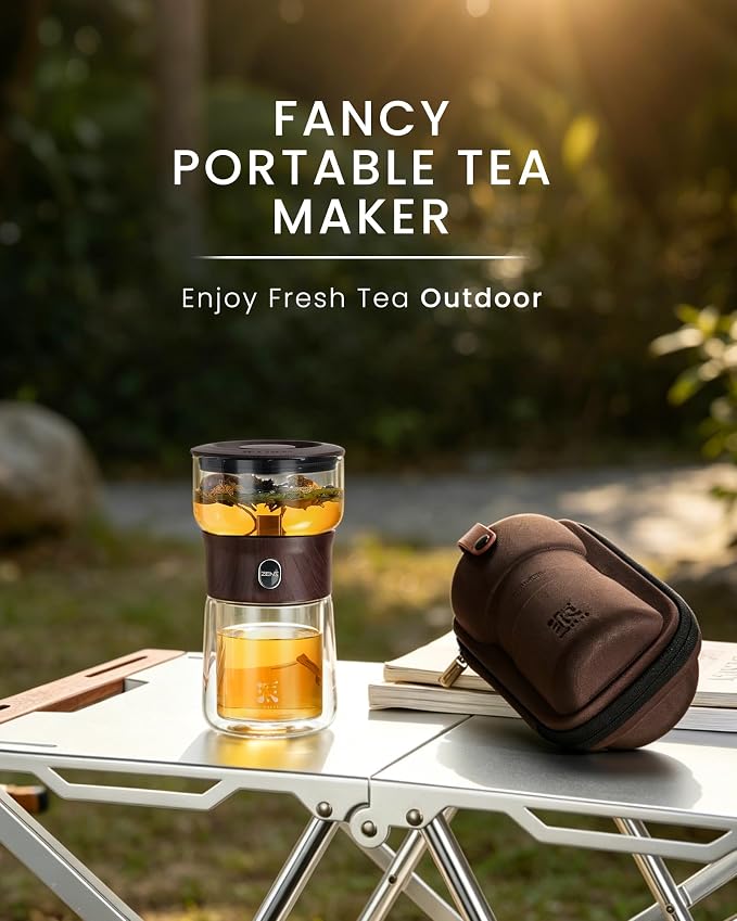 ZENS Modern Glass Tea Infuser Teapot, Smart One Touch Tea Maker for Loose Tea Diffusers with Insulated Mug and Cute Portable Walnuts Tea Kits for Tea Lover Gifts
