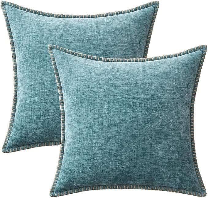 MIULEE Decorative Couch Throw Pillow Covers 20x20 Inch Coastal Aqua Blue | 2 Pack, Farmhouse Pillow Covers with Stitched Edge, Soft Chenille Cushion Cases, for Sofa Bed Living Room Home Decor