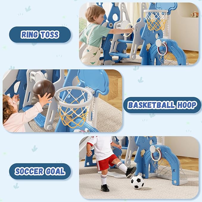 XJD 6-in-1 Toddler Slide and Swing Set, Kids Slide for Toddlers Age 1+, Toddler Outdoor Playset with Basketball Hoop, Football Frame, Swing, Christmas Birthday Gifts for Kids (Light Blue)