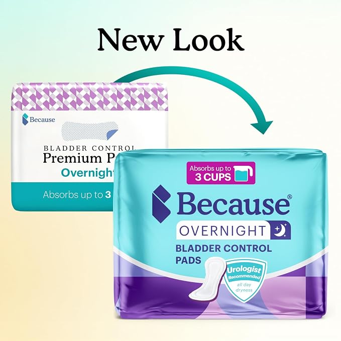 Because Overnight Incontinence Pads for Women – Moderate-to-Heavy Absorbency for Nighttime Use, Long-Length Protection, 20 Count, New Version