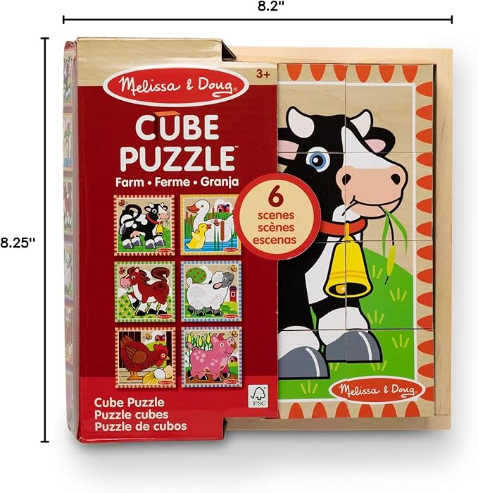 Melissa & Doug Farm Wooden Cube Puzzle with Storage Tray – 6-in-1 Animal Puzzle for Toddlers and Preschoolers – 16 Wooden Cubes – Farm Toy for Kids Ages 3+ - FSC Certified