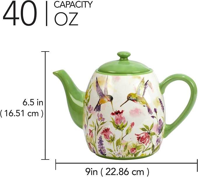 Hummingbirds Ceramic Teapot, 40 oz – Watercolor Floral Bird Design with Lid, Dishwasher & Microwave Safe, Whimsical Tea Pot for Loose Leaf & Bagged Tea, Great for Garden or Bird Lovers