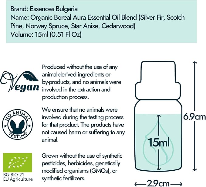 Essences Bulgaria Boreal Aura Organic Essential Oil Blend 0.5 Fl Oz | 15ml | Silver Fir, Scotch Pine, Norway Spruce, Star Anise, Cedarwood | Aromatherapy, Sauna & SPA | 100% Pure & Natural | Undiluted