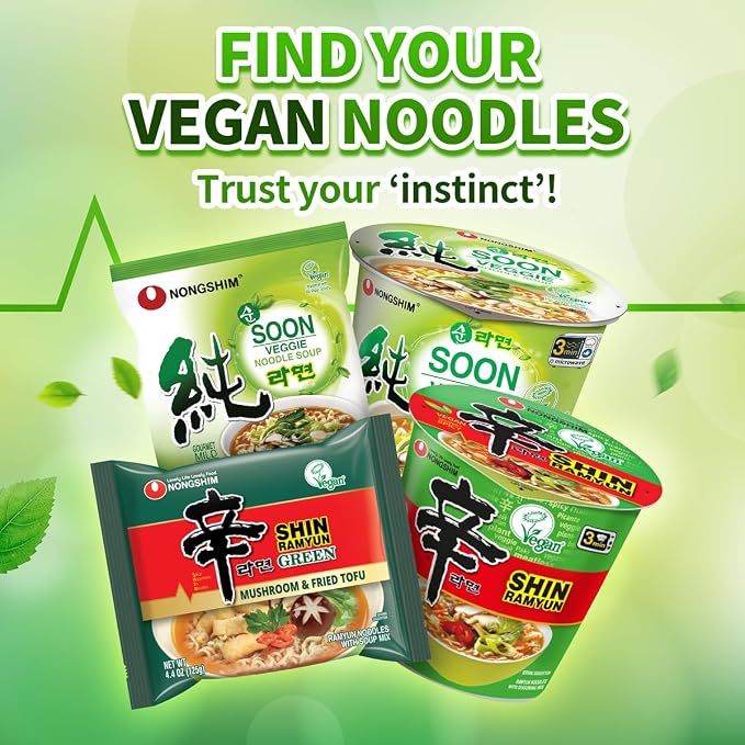 Nongshim Soon Veggie Ramyun Noodles, Signature Korean Instant Ramyun, Vegetable Flavored Broth, Vegan Noodles, Quick & Easy, Microwaveable Cup, 2.64 oz (Pack of 6)