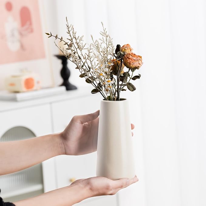 Simple Boho Ceramic Flower Vase for Home Decor (Beige,Big) | 8'' Modern Neutral Vase for Flower Plant Pampas Grass, Fit for Table Shelf Centerpieces, Living Room Kitchen Wedding Gift