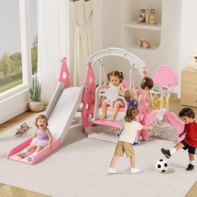 XJD 6-in-1 Toddler Slide and Swing Set, Kids Slide for Toddlers Age 1+, Toddler Outdoor Playset with Basketball Hoop, Football Frame, Swing, Christmas Birthday Gifts for Kids (Light Pink)