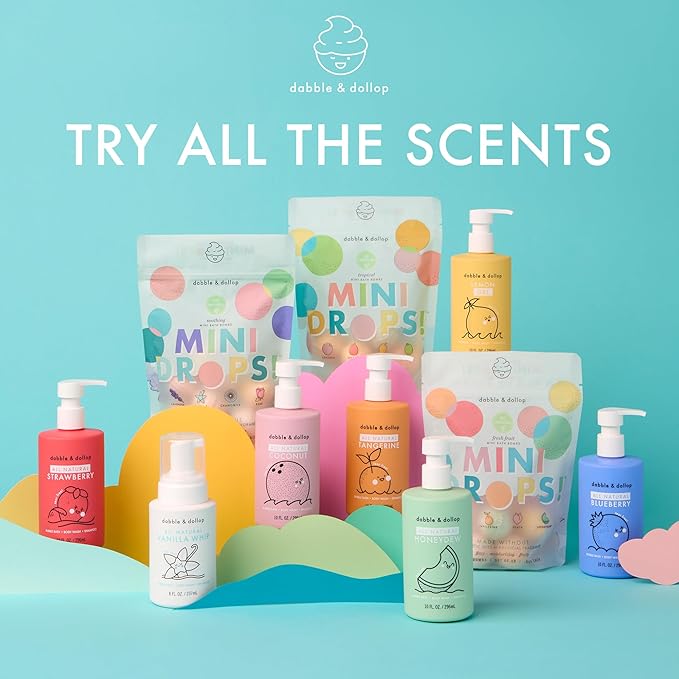 Dabble & Dollop Soothing Mini Bath Bombs & Vanilla Shampoo, Body Wash and Bubble Bath for Kids - All Natural, Resealable Pouch, Foaming Whip, Vegan, Gluten-Free, Cruelty-Free (Pack of 2)