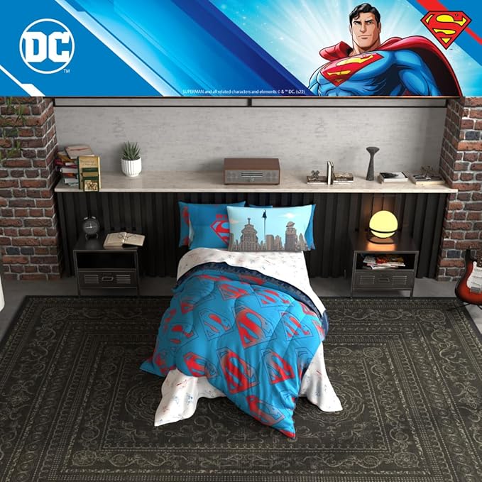Superman DC Comics Kids Bedding Super Soft & Cozy Reverisble Microfiber Comforter and Sheet Set with Sham, 5 Piece Twin Size, (Officially Licensed Product) By Franco