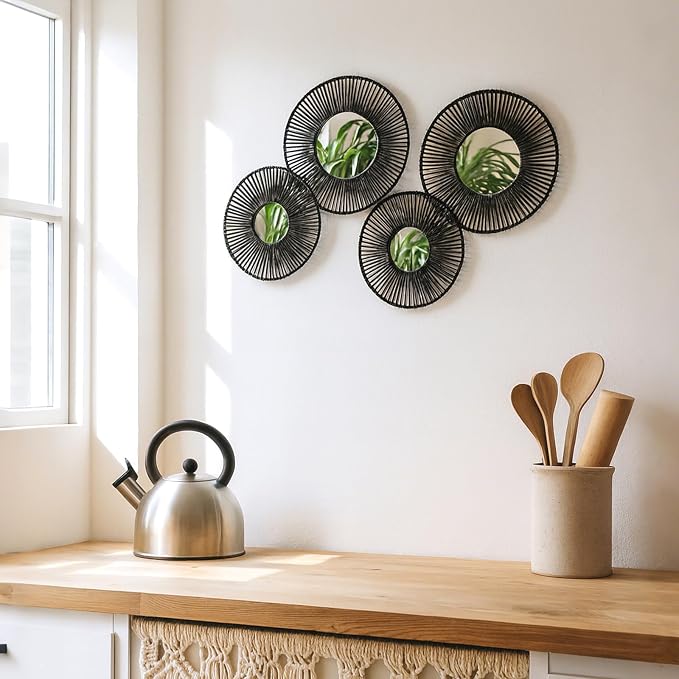 Artilady Baskets Macrame Wall Hanging with Mirror, Black Boho Wall Decor | Woven Wicker Basket, Farmhouse Rustic Jute, Bedroom Living Room Nursery Home Decor, 4Pcs