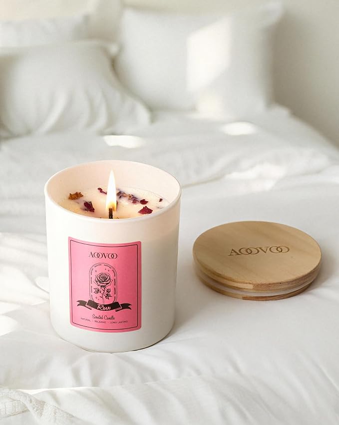 AOOVOO Rose Scented Candles for Women - Aromatherapy Candle with Crystals Inside, 10oz Soy Candles for Home Scented, Birthday Gifts Mothers Day Candle for Mom Women