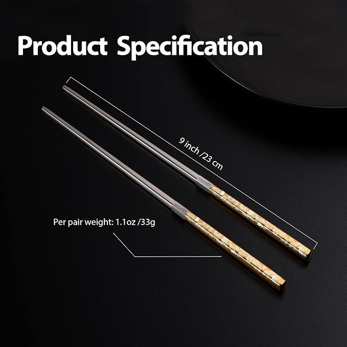 Hagary Dragon Chopsticks Metal Reusable Designed In Korea Japanese Style Stainless Steel 316 18/10 Non-Slip 2 Pairs Dishwasher Safe Laser Etched (Gold)