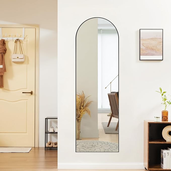 OLIXIS Arched Full Length Mirror with Stand, Full Body Mirror, 60"x16" | Aluminum Alloy Thin Frame, Floor Hanging or Leaning Wall, Bedroom Living Room, Black