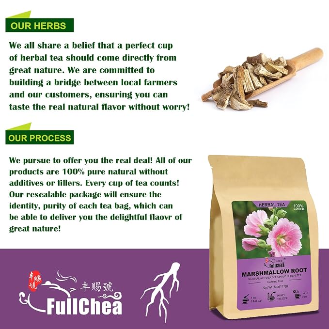 FullChea - Marshmallow Root Loose 6OZ/171g - Premium Natural Dried Cut & Sifted Althaea Officinalis - Non-GMO - Caffeine-free - Respiratory Support & Promote Digestion