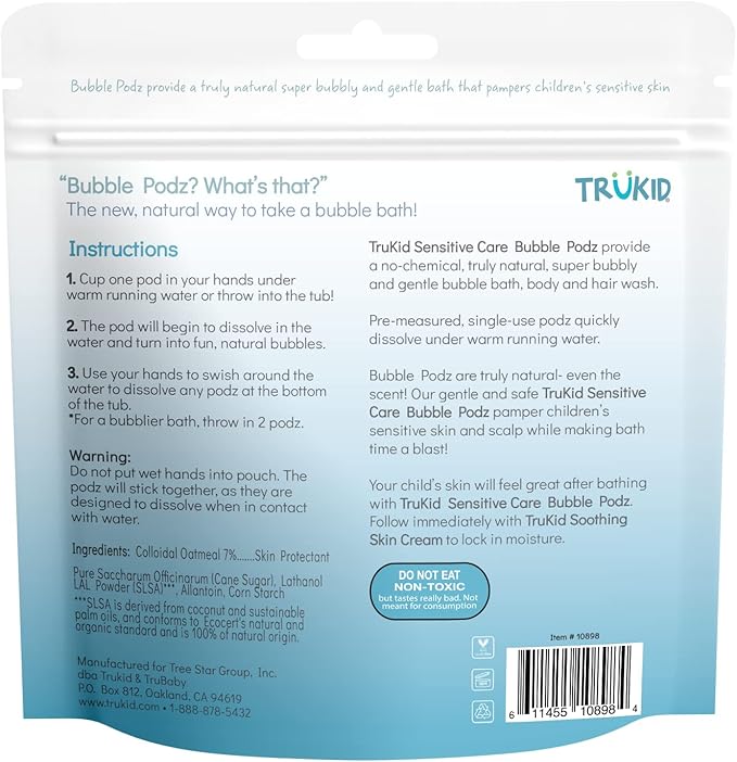 TruKid Bubble Podz Bubble Bath for Kids, Toddlers, & Babies, NEA-Accepted for Eczema, Gentle Refreshing Colloidal Oatmeal Bath Bomb for Sensitive Skin, pH Balanced, Tear Free, Unscented (10 Podz)