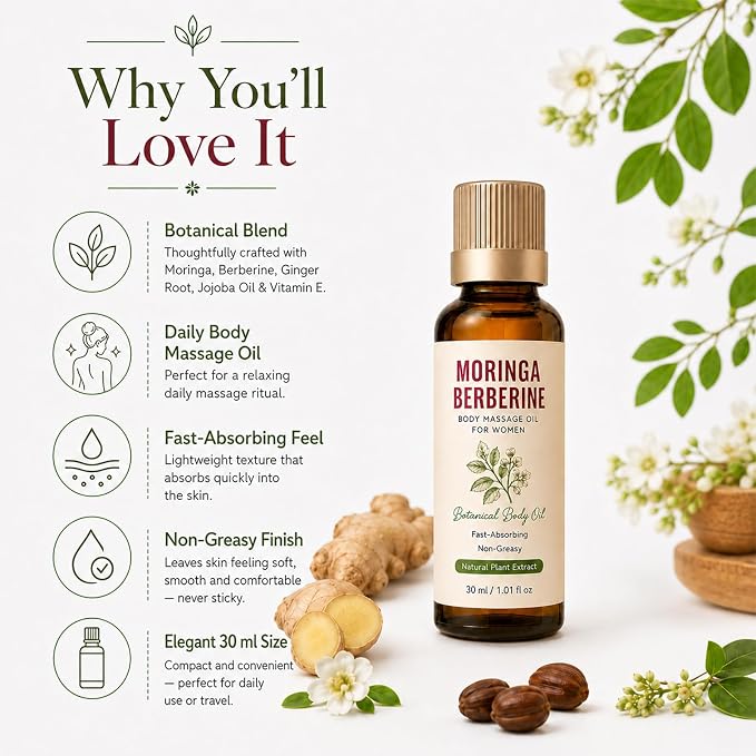 Moringa Berberine Essential Oil, Daily Support Essential Oil for Women, Body Massage Oil for Belly Waist Thighs Arms, 30 mL (1Pcs)