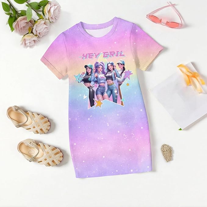 Girl's Anime K-POP Graphic Long Dress T-Shirt - Casual Loose Fit Short Sleeve Top