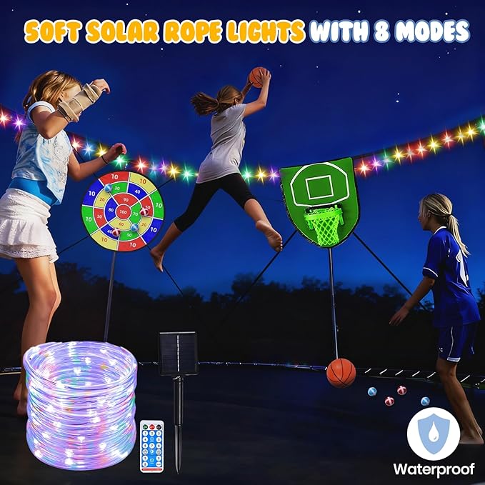 Trampoline Accessories Kit Kids,Basketball Hoop with 3 Mini Basketballs,50FT Solar Lights Fit 8 10 12 14 15 16FT Trampoline Outdoor 8 Mode,Choose from 2 Kits with Sprinkler or Dart Board & Glow Net