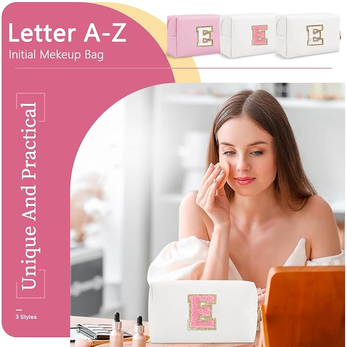 Personalized Makeup Bag Initial A-Z Preppy Patch Bag,Small PU Leather Travel Cosmetic Bag Pouch with Zipper,White Cute Toiletry Bag,Gift Ideal for Teen Girls Women Birthday Friend Mom,Letter E