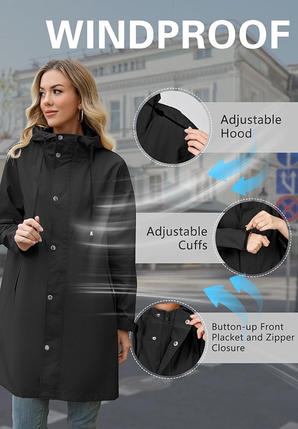 Zando Long Packable Rain Jacket Women Waterproof Raincoat with Hood | Relaxed-Fit Lightweight Windbreaker for Women; Travel Rain Coats for Commute, Hiking, Cruise, and Daily wear