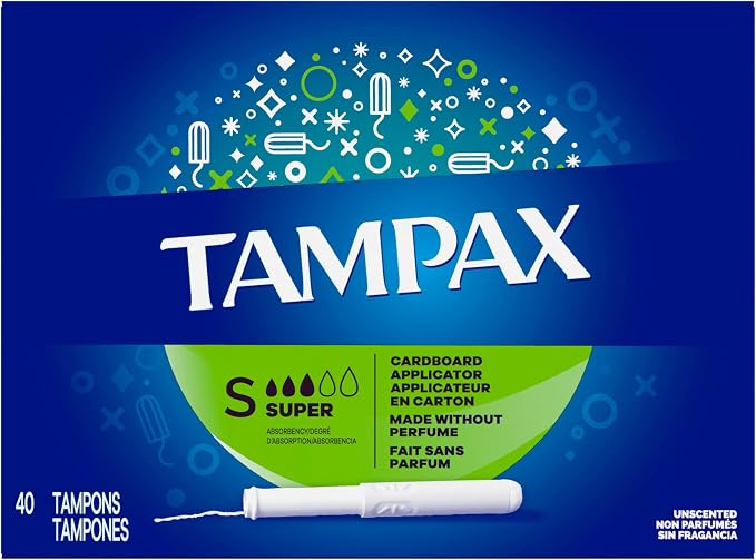 Tampax Cardboard Tampons for Women Super Absorbency, Anti-Slip Grip, LeakGuard Skirt, Unscented, 40 Count
