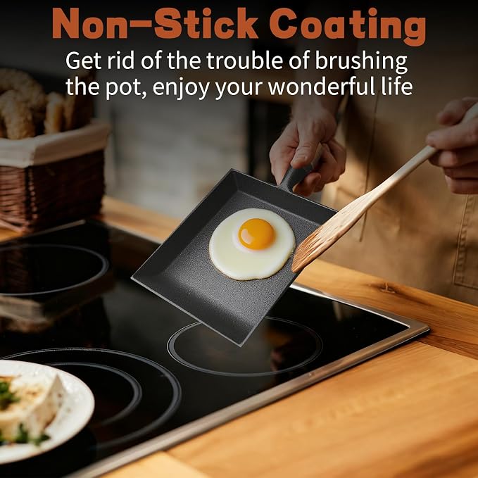 OUKENS Japanese Cast Iron Tamagoyaki Pan Nonstick, Multifunctional Square Japanese Egg Pan, Detachable Wood Handle, Oven Safe, for Omelets, Steak and Camping,6.1 x 7.3 Inch