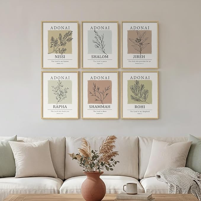 Framed Christian Bible Verse Neutral Wall Art, Minimalist Scripture Religious Canvas Prints, Faith Names of God Boho Botanical Leaf Artwork for Bedroom Living Room Office Hallway Wall Decor, 11x14 In