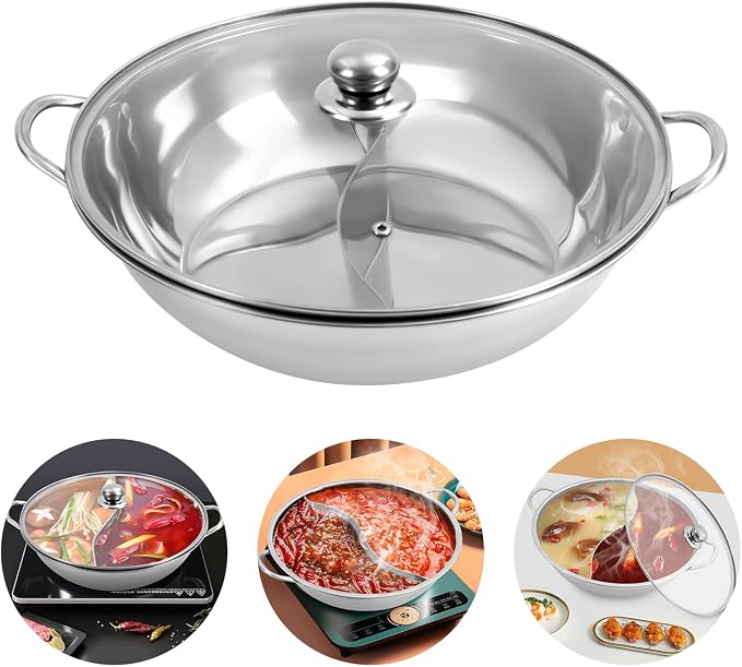 Shabu Shabu Pot, Stainless Steel Hot Plate Cookware Set Ramen Cooker, Hot Pot Soup Base Korean BBQ Multi Cooker Stainless Steel Pot Set, 13 in Pot with Divider