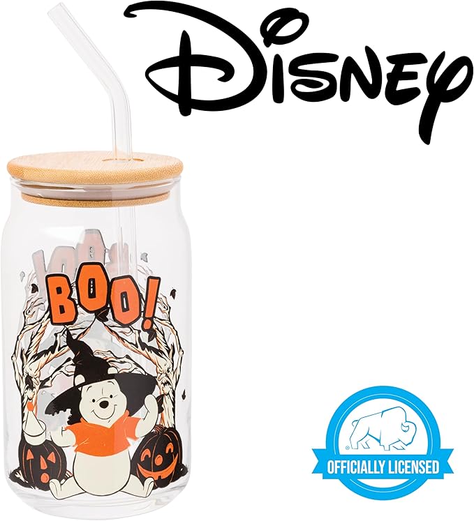 Silver Buffalo Disney Winnie the Pooh Halloween Spooky Boo Witch Hat Jack-o-Lantern Glass Jar Tumbler with Bamboo Lid and Glass Straw, 16 Ounces