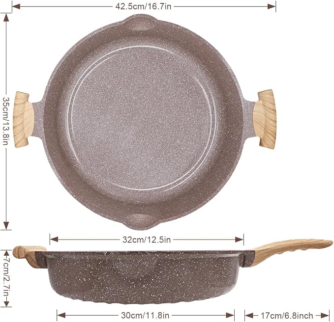 AIKENBBKK Ceramic Frying Pan with Lid, 14 Inch Saute Pan, Non Stick Frying Pans, 2-In-1 Large Cooking Pan, Nonstick Skillet, Compatible with All Stoves, PTFE & PFOA Free, Brown