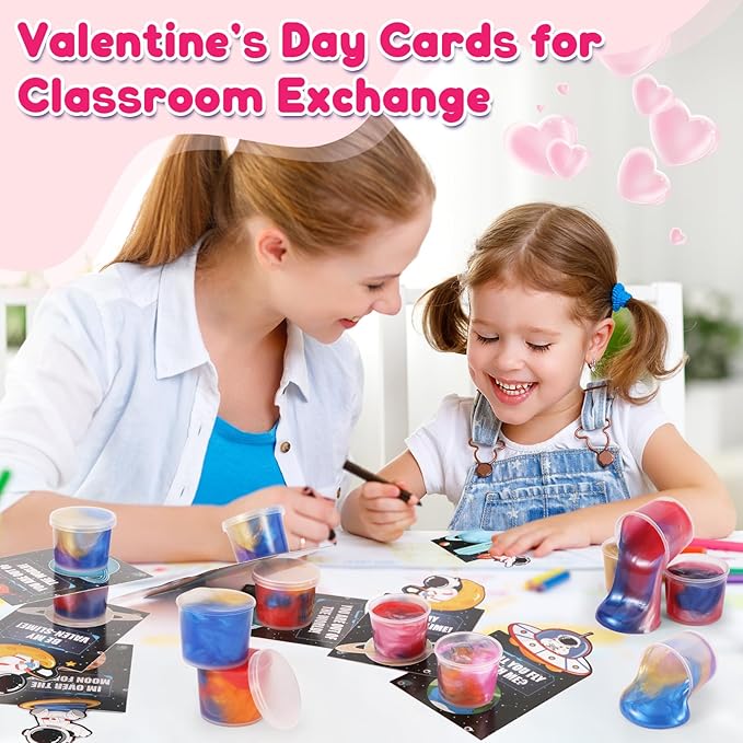 28 Pack Valentines Day Gifts for Kids School Classroom - Galaxy Slime Stress Relief Fidget Toys with Valentines Day Cards, School Classroom Exchange, Valentines Class Party Favors