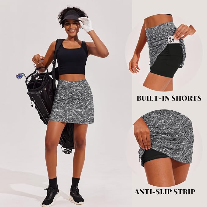 Ekouaer 16" Skorts for Women with Pockets Golf Pickleball Tennis Skirt | Silicone Grippers,2 Inner Pockets,Wide Waist,Side Slit Hem,Breathable,Soft,Lightweight
