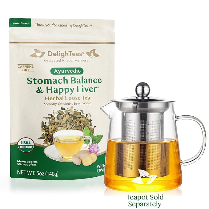 DelighTeas Stomach & Liver Tea | Ayurvedic Herbal Blend for Digestion | Organic Milk Thistle, Fennel, Ginger, Peppermint & Licorice | Vegan, Caffeine-Free, Sugar-Free | Loose Leaf, 50 Servings, 5oz