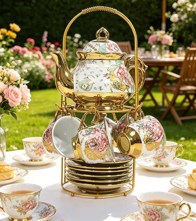 CHANJOON Gold Plated Red Rose Ceramic Tea Set, Vintage Tea Sets with Teapot, Beautiful Tea Set Coffee Serving 6 People (Golden, Medium)