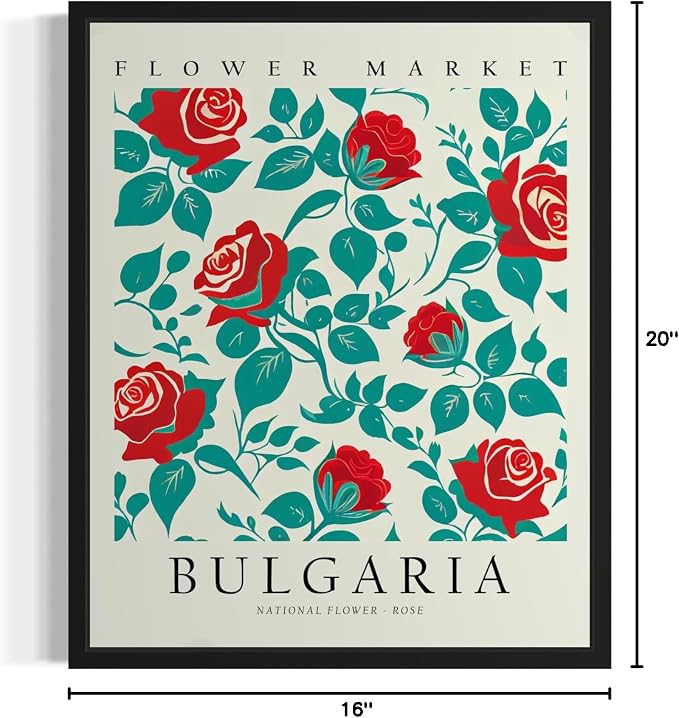 Bulgaria, Rose Art Print Poster, Flower Market Wall Art, Floral Artwork Decor for Bedroom, Kitchen, Bathroom, Livingroom Decoration 52 (Bulgaria, Rose, 20"L x 16"W, Black Frame)