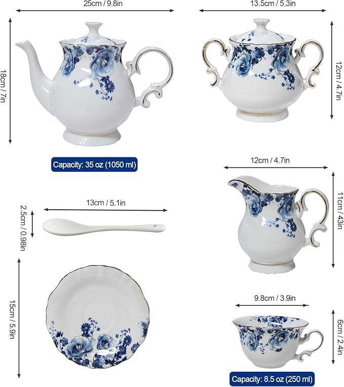 21-Piece Bone China Tea Set for Adults, Blue and White Porcelain Tea Set for 6, Vintage Floral Tea Cup Set With Teapot, Tea Party Sets for Women Gift,Gift Box