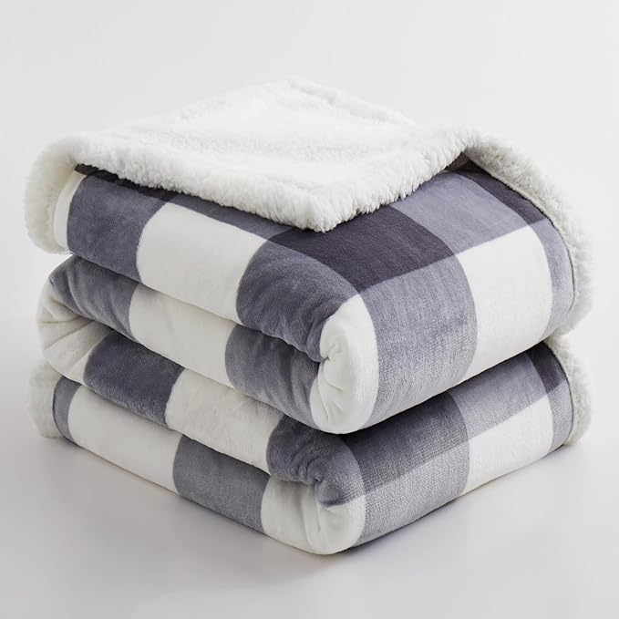 PU MEI Sherpa Blanket Fleece Throw Blanket Twin Plaid Thick Bed Blanket, Soft Warm Cozy Grey Checkered Throw Blanket 60"*80"