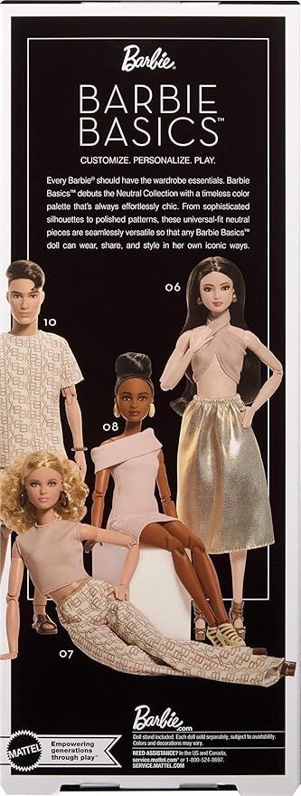 Barbie Basics Model Collector Fashion Doll 06 with Blonde Hair, Shimmery Golden Skirt & Halter, Universal-fit Fashions, Posable Body