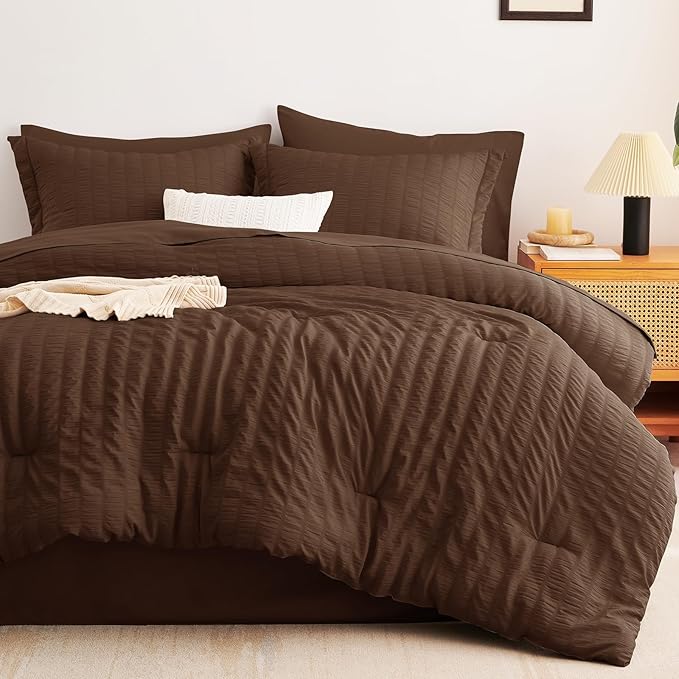 CozyLux Full Size Comforter Sets with Sheets 7 Pieces, Brown Seersucker Bed in a Bag Textured Luxury Soft Bedding Sets with Down Alternative Comforter, Sheets, Pillowcases & Shams for All Seasons