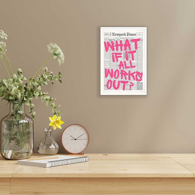 Drimiler Retro Newspaper Pink Font Poster What If It All Works Out Canvas Wall Art Positive Affirming Quote Minimalist Prints Painting For Home Bedroom Dorm Wall Decor 24x36in Unframed