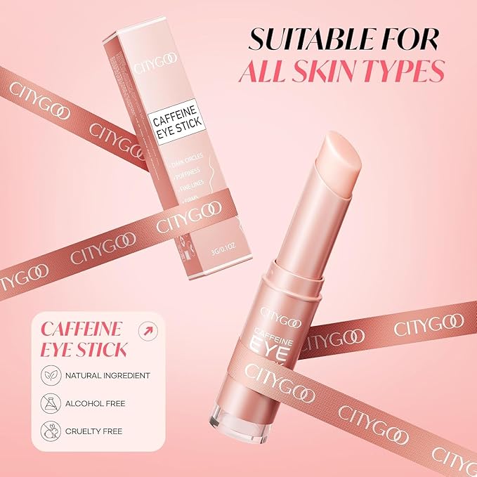 CITYGOO Caffeine Eye Cream Stick: Anti-Aging Firming & Dark Circles Moisturizing Balm for Puffiness & Eye Bags - Travel-friendly for Women (Caffeine Pink 3g)