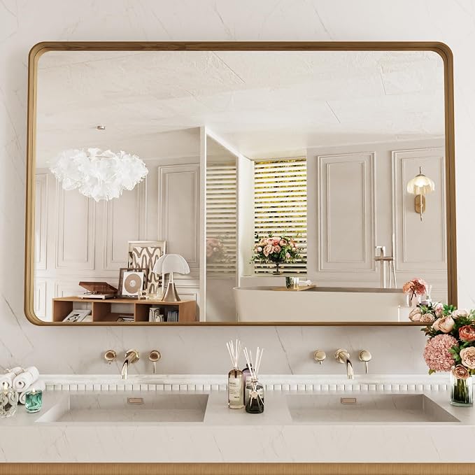 LOAAO 55X30 Inch Bathroom Mirror with Wood Grain Colored Metal Frame | Rounded Rectangle Metal Framed, Anti-Rust, Hangs Horizontally or Vertically, Tempered Glass