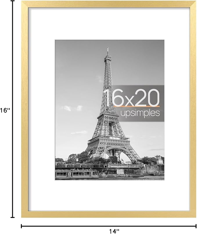 upsimples 16x20 Picture Frame, Display Pictures 11x14 with Mat or 16 x 20 Without, Wall Hanging Poster Frame, Gold, 1 Pack