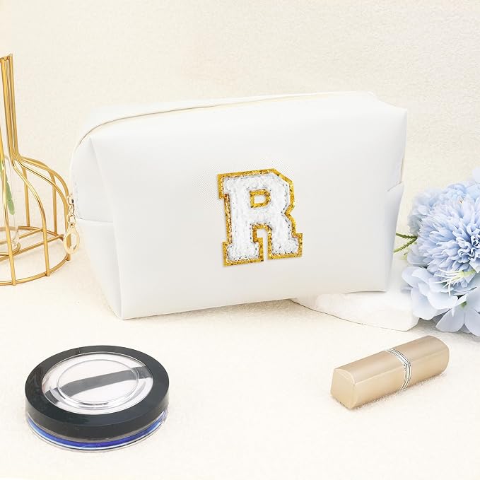 URSKYTOUS Gifts for Girls Initial Makeup Bag Personalized Cosmetic Bag with Zipper Cute Travel Toiletry Bags Waterproof PU Preppy Makeup Pouch Birthday Gift for Teen Girls Women(White R)