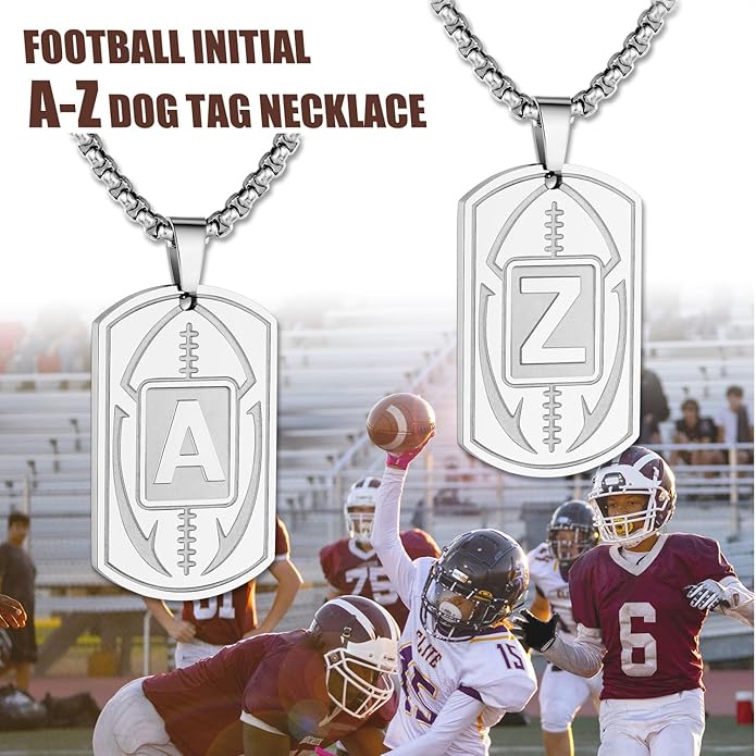 Initial A-Z Dog Tag Necklace for Men - Football Charm Pendant, Stainless Steel Chain 22+2 Inches, Personalized Sports Athletes Jewelry Gift