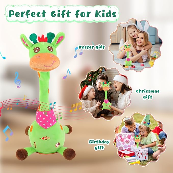 MIAODAM Dancing Giraffe Interactive Toy, Singing 10 Children's Song, Stuffed Baby Toy Repeats What You Say, Christmas Colorful Glowing Plush Interactive Toys for Toddler (Green Giraffe)