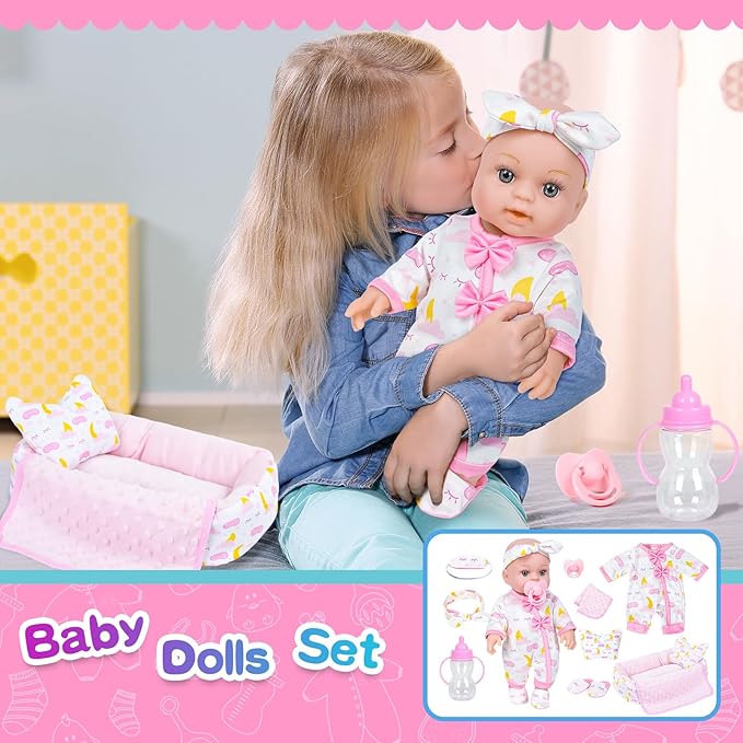 12 Inch Baby Doll Crib Playset with Dolls Clothes and Accessories Including Soft Sleep Bassinet Bed, Bottles, Nipple, Eye Mask, Slippers, Blanket, Pillow, Gift Idea for Ages 3+